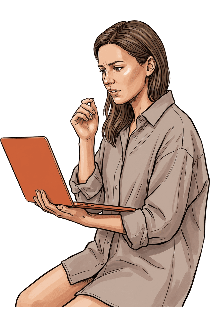 An illustrated participant leaning toward a laptop with a puzzled expression